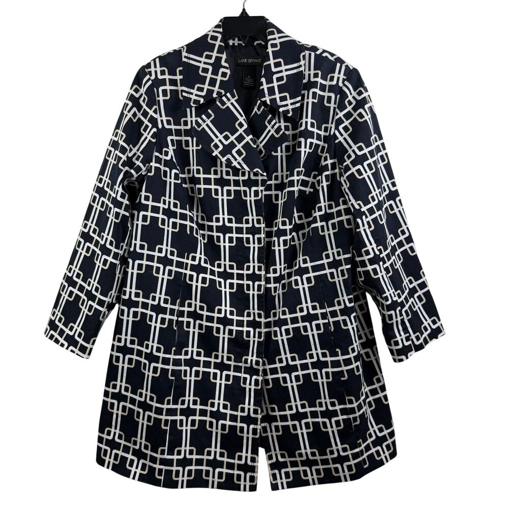Lane Bryant Navy Geometric Print Coat SZ 20 Button Up Long Line Preppy Classic